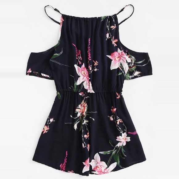 Navy Floral Off Shoulder Cami Open Back Romper - Picture 4 of 5